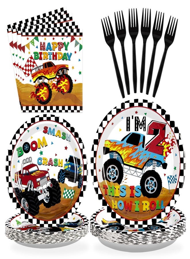 Grencian 96 Pcs Monster Cartoon Truck 2nd Birthday Party Supplies I’m 2 Truck Plates Checkered Tableware Set Racing Car Decorations for Two Year Old Kids Boys Truck Theme Party Serves 24 - Image 1